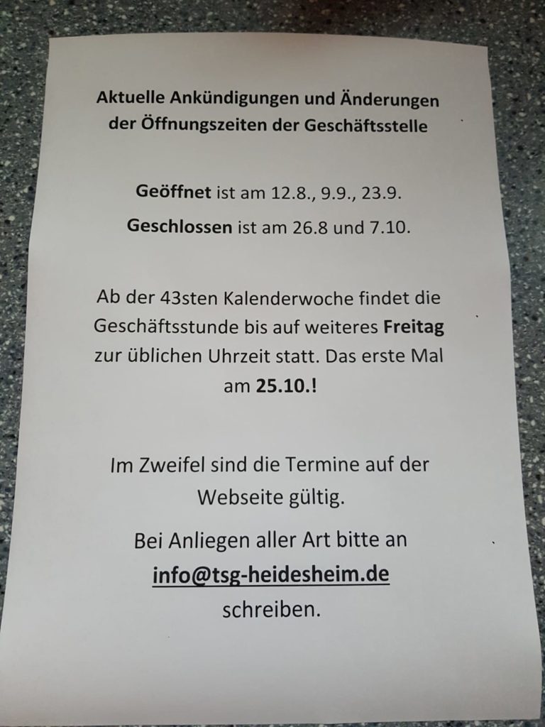 Nächste und neue Geschäftsstellen-Öffnungszeiten