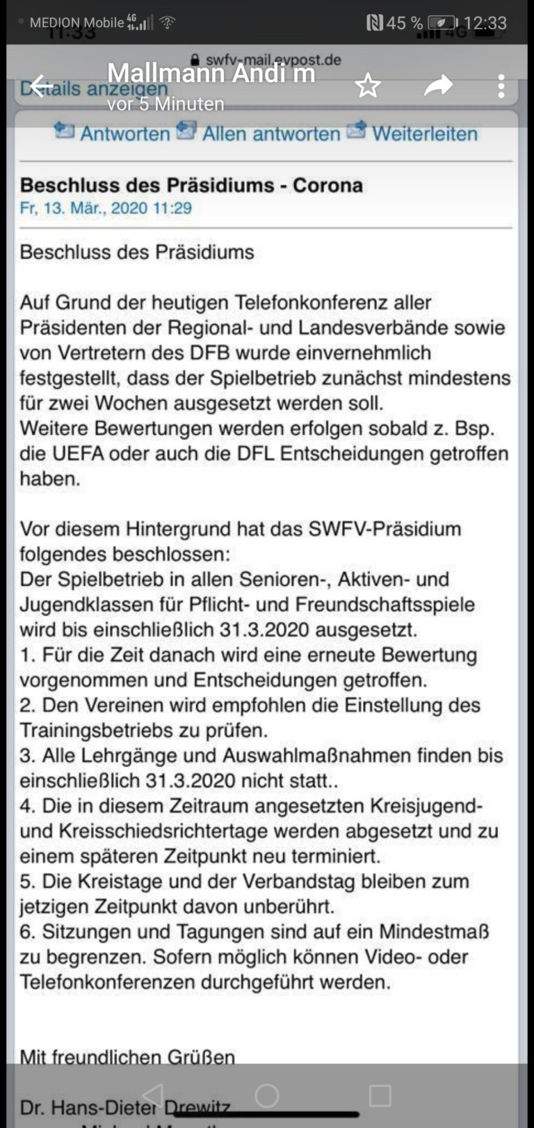 Corona-Virus: Fußball-Spielbetrieb für zunächst zwei Wochen ausgesetzt